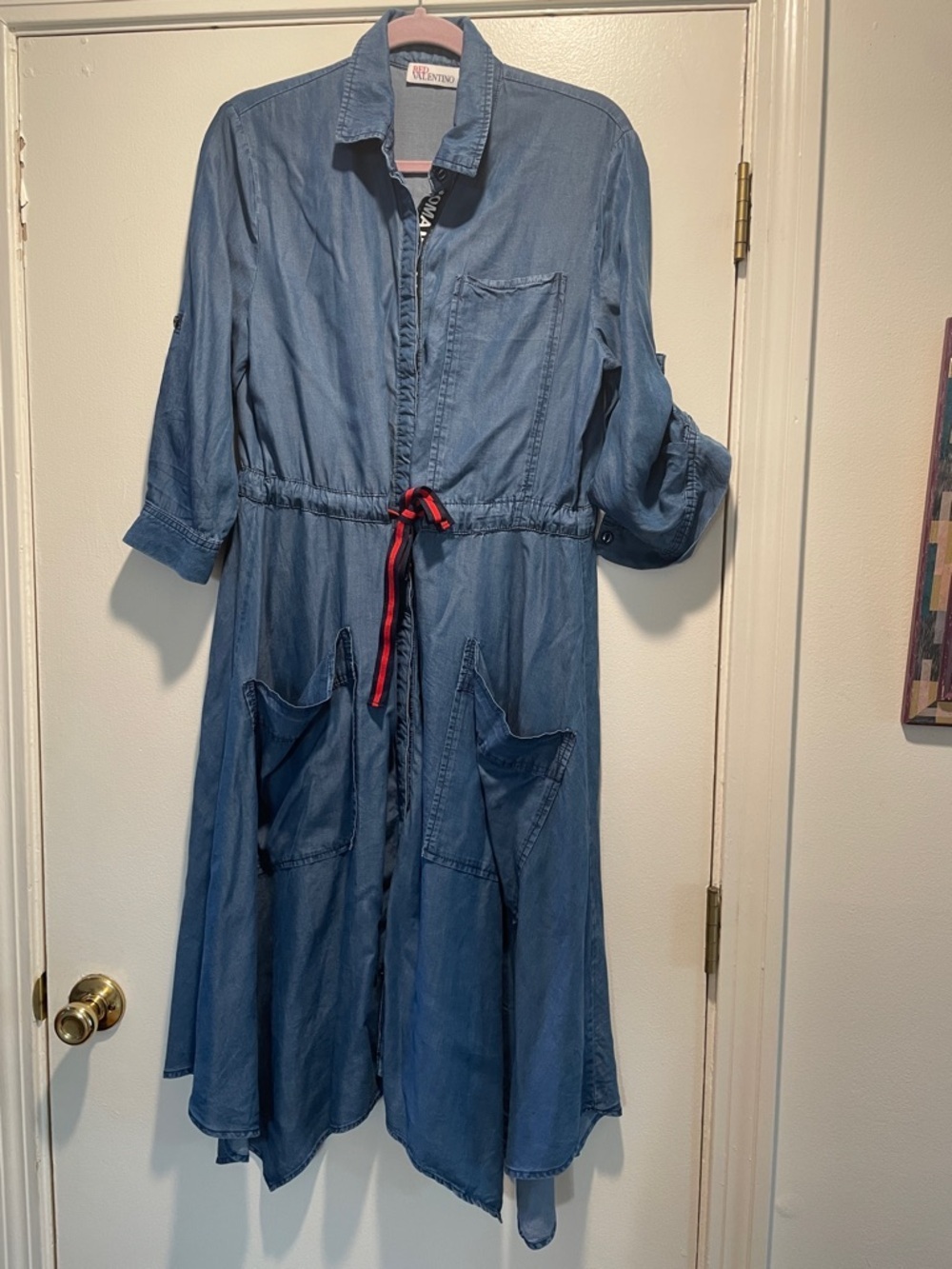 RED Valentino Light Blue Chambray Denim Shirt Moma Dress with Red Logo Tag